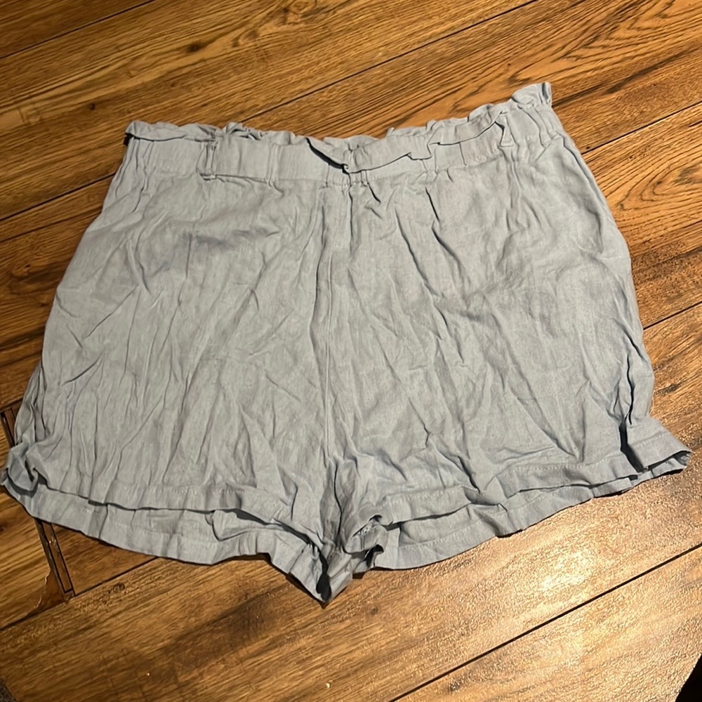 Light blue paper bag shorts